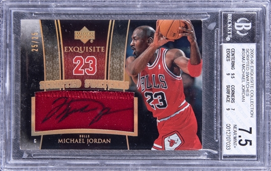 2005-06 UD "Exquisite Collection" Scripted Swatches #SSMJ Michael Jordan Signed Game Used Patch Card (#25/25) - BGS NM+ 7.5/BGS 10